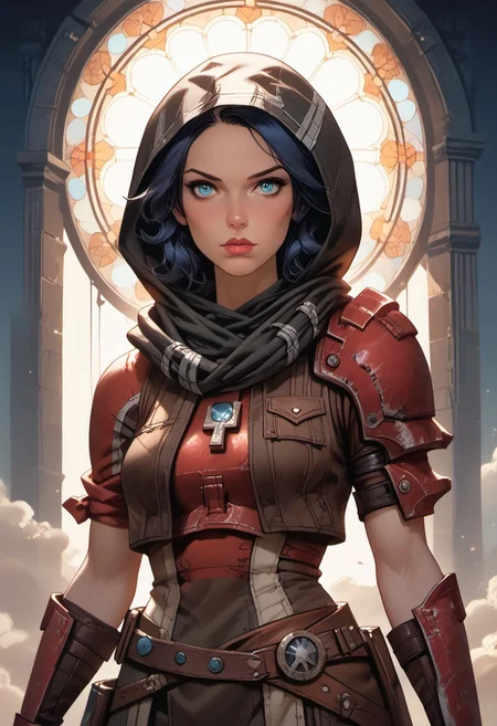 Stable_Yogis_PDXL_Positives, (score_9, score_8_up, score_7_up), ((Greek mythology style)), ((face focus, eye focus, dynamic angle, motion)), 1girl, solo, fantasy, (athenabl), (armor, gloves, hood, scarf, pants, belt), lace, cape, breathless intimacy, tanned skin, petite model bombshell, heart, young, delicate features, narrow pointy nose, tiny nose, lust, big eyes, seductive eyes, blue eyes, detailed skin, flared lashes, mascara, makeup, perky huge breasts, athletic body, narrow waist, skinny hips, 
warm light, detailed, neon dark party
 BREAK
milky way, runes, arcane, astral, surreal, ethereal glow, masterpiece, best quality, intricate design. colorful, moonlit nightsky, stained glass aesthetic, moody whimsical color palette, murano glass, bold soldering lines, volumetric light shining through, crepuscular rays, intricate craftsmanship, detailed texture, luminous transparency, reflective light play, vivid hues, atmospheric depth, enchanting silhouette, art nouveau,