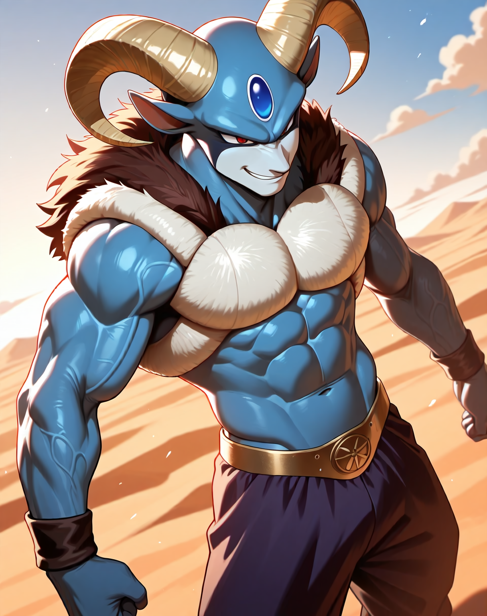 <lora:Moro_4th_Form_(Dragonball_Z)_(Illustrious)_(AD):1.35> Moro, muscular, goat,
dutch angle, exterior, desert, sky with detailed clouds,
male focus, gradient coloring, solo, cowboy shot, bent leg, perfect proportions, veiny muscles, blue body, large biceps, abs, soft shading, evil smirk, white chest armor, fur lined neckline, 
BREAK very awe, aesthetically pleasing, masterpiece, best quality, amazing quality, very aesthetic, perfect depth of field shot, in'ei, furry_art, source_furry, source_anime,
EZRealPONYXL, zPDXL, Smooth Quality, lazympos, IllustQualXL_Pos,