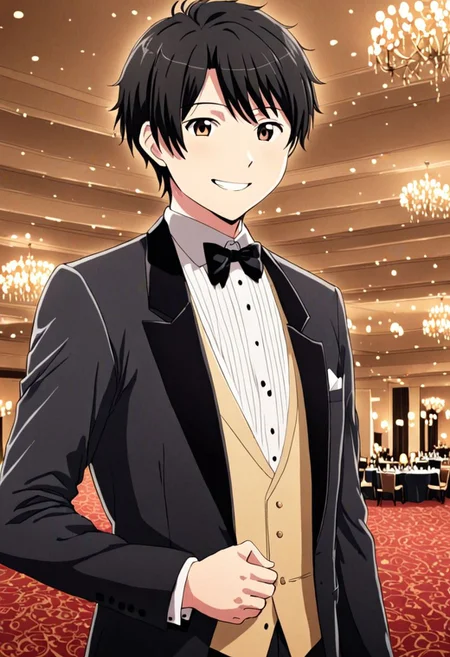 high resolution, solo, best quality, 1Boy, Inaho Kaizuka, Black Hair, luxury hotel, Ballroom, tuxedo, smile, confident, OverallDetail