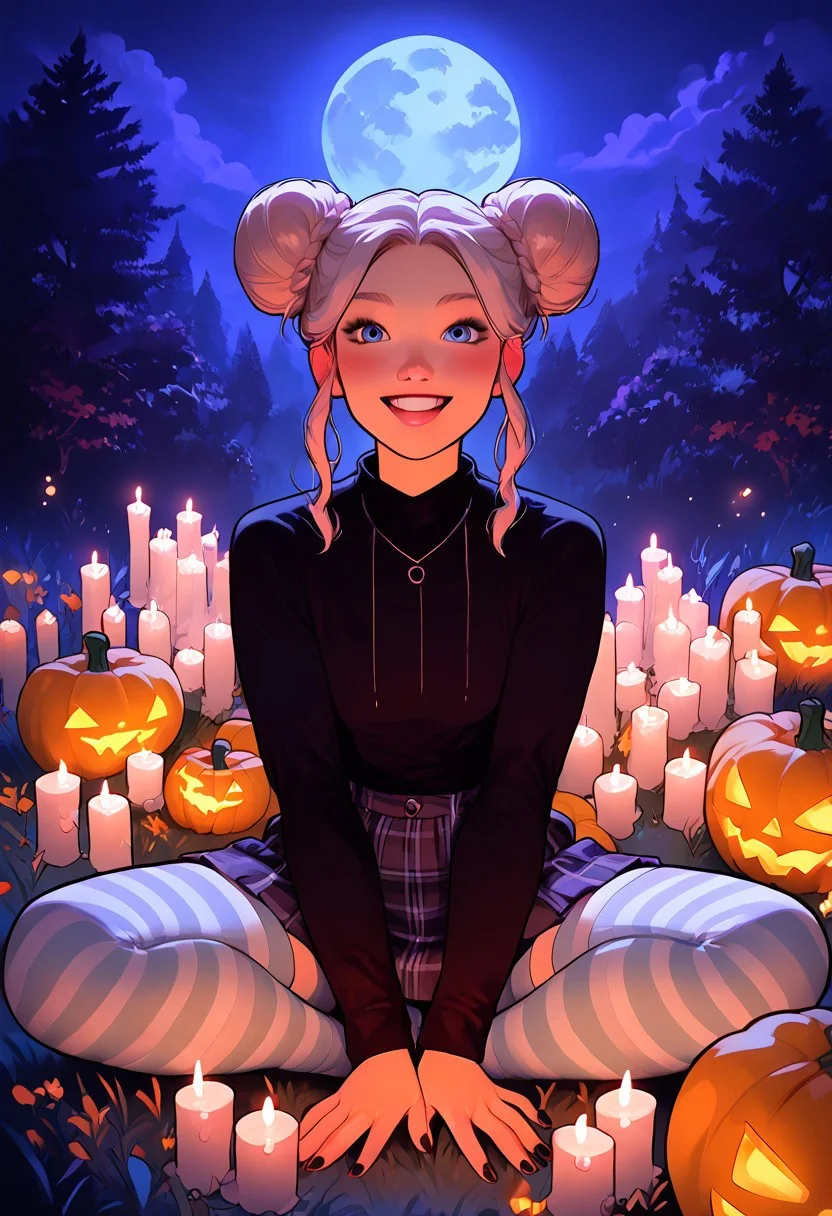 masterpiece, best quality, highly detailed, score_9, score_8_up, score_7_up, score_6_up; photoshoot lighting, 1female, age: 20, ((happy, fun, detailed, white blonde hair, twin buns, blue eyes, petite body, blush)), ((goth fashion, plaid skirt, black top with long sleeves, striped stockings)), outside, in a pumpkin patch, at night, full moon, sitting in a ritual circle, many lit candles, glowing light, casting a spell, spiral magical spell effect, oddity, joy expression, pink magic circle, floating pattern