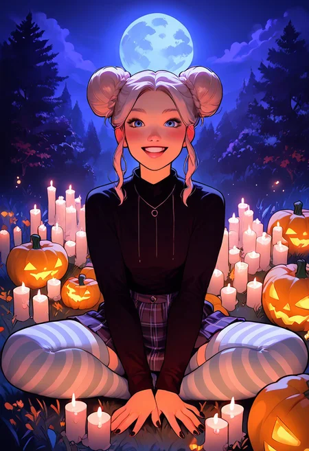 masterpiece, best quality, highly detailed, score_9, score_8_up, score_7_up, score_6_up; photoshoot lighting, 1female, age: 20, ((happy, fun, detailed, white blonde hair, twin buns, blue eyes, petite body, blush)), ((goth fashion, plaid skirt, black top with long sleeves, striped stockings)), outside, in a pumpkin patch, at night, full moon, sitting in a ritual circle, many lit candles, glowing light, casting a spell, spiral magical spell effect, oddity, joy expression, pink magic circle, floating pattern