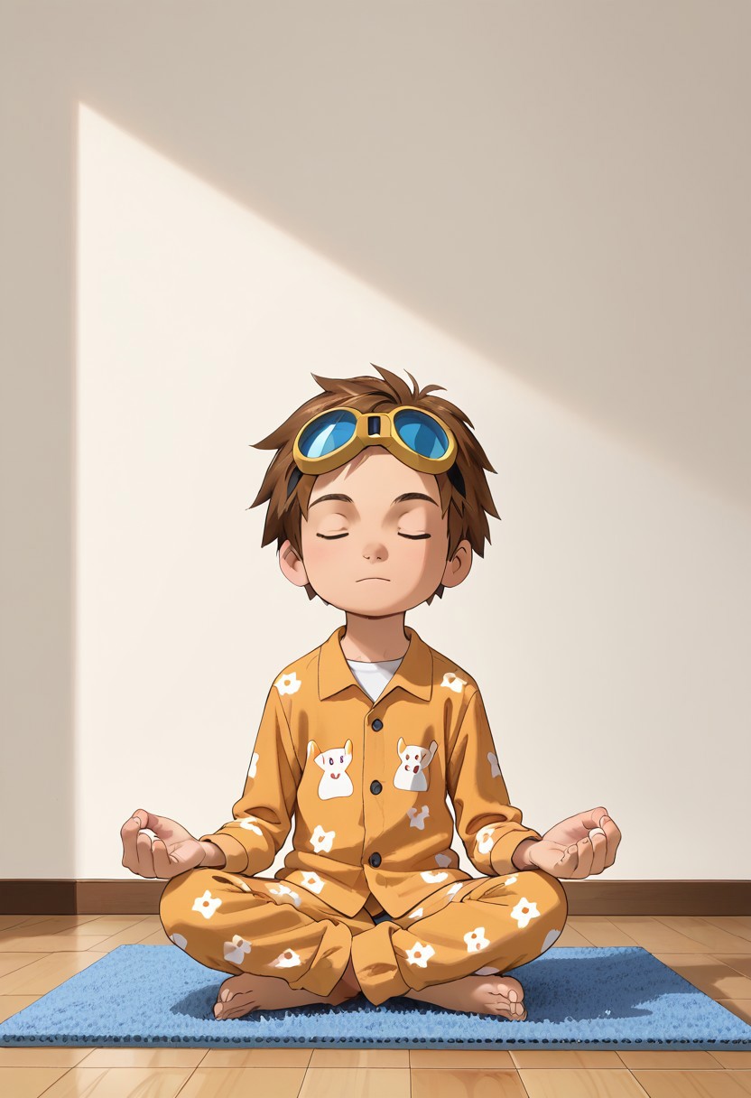 score_9, score_8_up, score_7_up, zPDXL2, 
,
1boy, solo, goggles on head, brown hair, 
Standing in the room wearing pajamas
hud_m3dit4tion, indian style, sitting, on floor, , pants, facing viewer, barefoot, closed eyes,