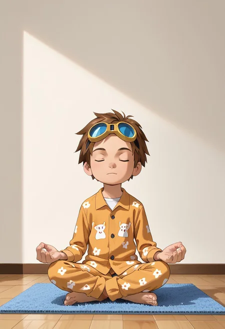 score_9, score_8_up, score_7_up, zPDXL2,
,
1boy, solo, goggles on head, brown hair,
Standing in the room wearing pajamas
hud_m3dit4tion, indian style, sitting, on floor, , pants, facing viewer, barefoot, closed eyes,