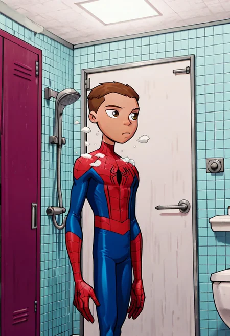 masterpiece,best quality, amazing quality, 1boy, fit, slim body, solo, male focus, P3t3r, 1boy, male focus, anime, brown hair, very short hair, brown eyes, Spiderboy, Bodysuit, Red Bodysuit, Blue Bodysuit, Cl4ss1c, superhero, bodysuit, spider web print, red bodysuit, blue accents, bathroom, lockeroom, foggy, steam, daytime, shower,