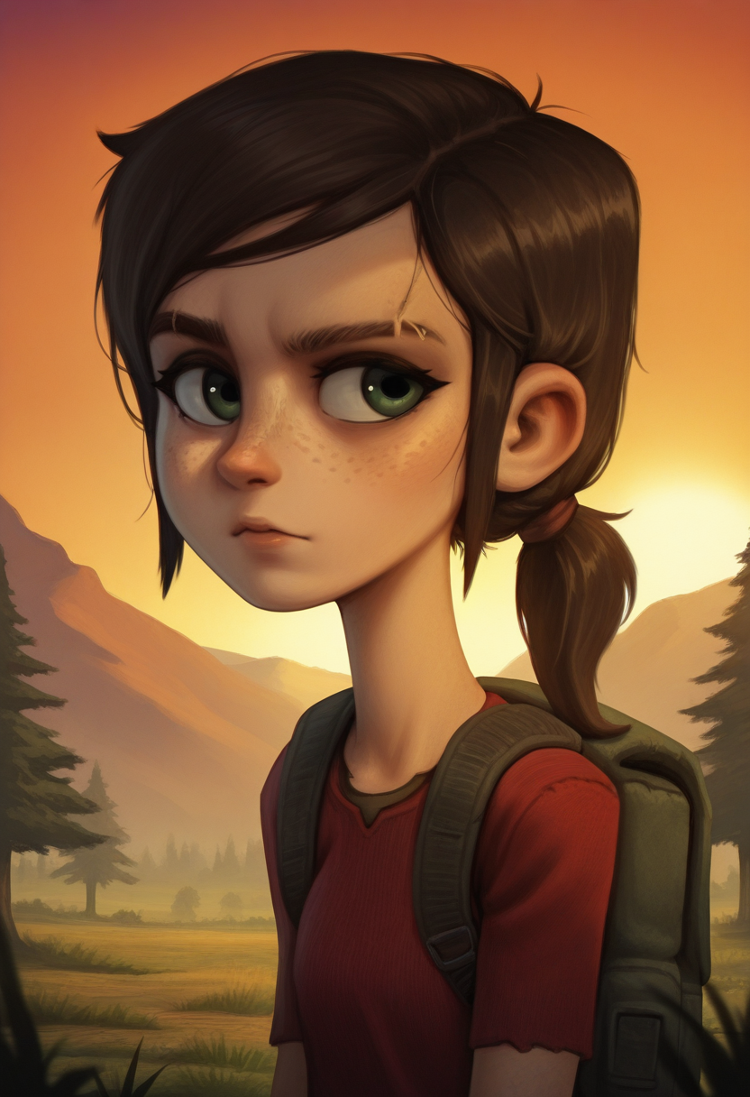 N4KV1,  stylized, semi_realistic, masterpiece, best quality, solo,    ,ellie\(the last of us\), green eyes, ponytail, freckles,  eyebrow raised, wooded area, trees, backpack,,  red shirt, sunset, warm colors,