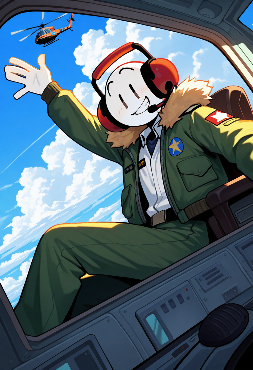 very awa, masterpiece, best quality, absurdres, newest, perfect quality, detailed background, intricate details, offical art, source_cartoon,
1boy, male, male only, male focus, 
(CharlesTHSC, headset, jacket, open jacket, fur trim, white shirt, uniform, pilot uniform, colored skin, white skin),
pilot cockpit, helicopter, inside helicopter, detailed background, dynamic angle, dynamic pose, dutch angle, close-up, window, clouds,
smile, grin, sitting, looking at viewer, waving, 
 <lora:Charles_Calvin:1>