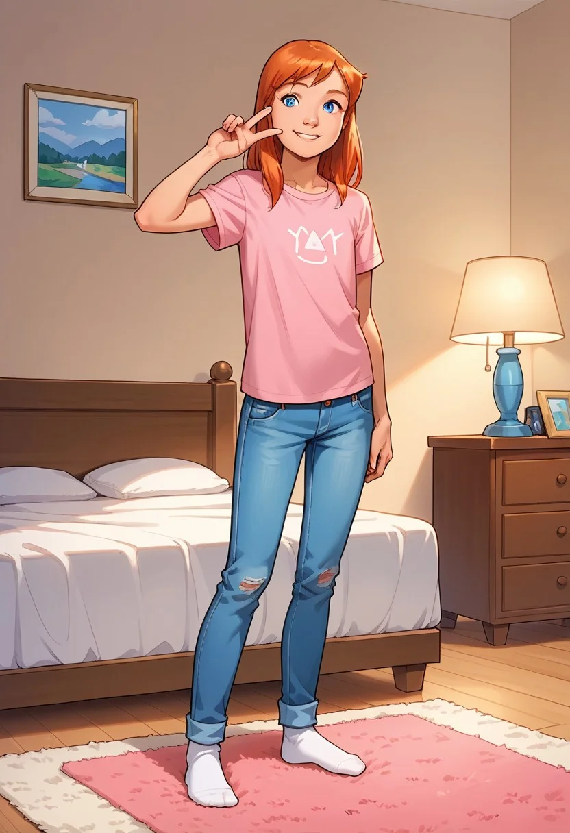 score_8, score_8_up, score_7_up, 1girl, solo, female focus, Julie_PP, red hair, long hair, blue eyes, flat chest, pink t-shirt, jeans, denim, socks, white socks, no shoes, standing, indoors, smile, v, full body, looking at viewer,  indoors, bed, bedroom, nightstand, lamp, wall, carpet