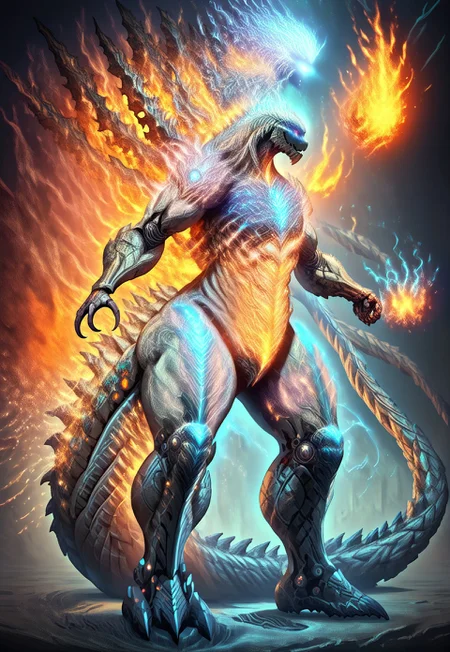 ([masterpiece, best quality, high resolution], score_9, score_8_up, score_7_up, score_6_up, fire, sparks, colorful, electricity, <lora:fflix_inlight:0.75>), (simple background, ulblackholetech, crystaltech, magic fog, excessive energy, scifi, ral-dstgrtptrn, cmth, fflix_inlight, ral-sprnva), (uncensored, (full body), horns, solo, detailed face, 1other, silver eyes, silver eye trail, glowing eyes), (neck tattoo, arm tattoo, leg tattoo, mechanical arms, giant mechanical arms, mecha musume, mechanical tail, muscular body, bulky torso, muscular arms, long arms, long legs, intricate glowing aether tattoos, runemagic), (red theme, anthro, alien, monster, kaiju, horn, spikes, bone, red eyes, no pupils, black body, white body, two tone body, exoskeleton, shin_godzilla, godzilla_earth, glowing veins, glowing body), (fiery patterns, fire elemental spirit, magmatic explosion, smoke, stardust, golden milky way, magic fog, lumina, mystical, multicolored, glowing, magic swirling, glowing magical energy)
