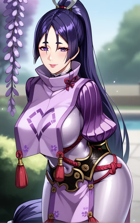 score_9, score_8_up, score_7_up, score_6_up, looking at viewer, BREAK
MainOutfit_Raikou_ownwaifu,
1girl, minamoto no raikou (fate), purple hair, parted bangs, purple eyes, large breasts, thighs, high collar, curvy, hair between eyes, long hair, makeup, bangs, lipstick, low-tied long hair, ponytail,
purple bodysuit, fingerless gloves, black gloves, tabard, ribbed sleeves, arm guards, covered navel, japanese armor, loincloth, armor, kote, tassel, sheath, pelvic curtain, quiver, wagashi,
(leaning forward, arms behind back), cowboy shot, garden, wisteria, outdoors, <lora:PONYXL_FateStayNight_MinamotoNoRaikou_ownwaifu:0.85> , depth of field, solo,