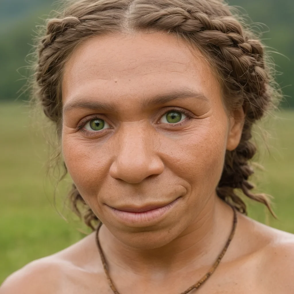 a neanderthal woman with a woven braided hair and dark and green eyes, meadoww, hut in background (((closed mouth))), light smile, <lora:Neanderthal-concept:1.2>neanderthal female, neanderthal woman face