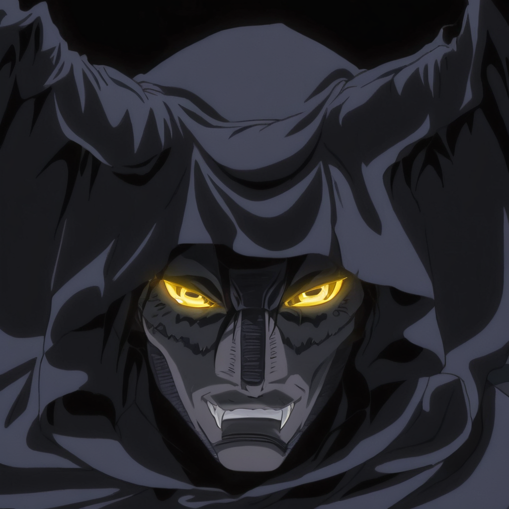 cinematic film still of  <lora:Demon:1> (((REALISM)))
Demon a demonic like man with sharp fangs and creepy sinister yellow eyes and a hood on,solo,looking at viewer,black hair,yellow eyes,male focus,teeth,hood,fangs,scar,close-up,hood up , male devil, creature, evil, demonic, villain, glowing eyes, muscular, golden yellow eyes, bat-like wings, dragon wings, dark, curved fang, eroge,manga,nsfw,explicit, shallow depth of field, vignette, highly detailed, high budget, bokeh, cinemascope, moody, epic, gorgeous, film grain, grainy