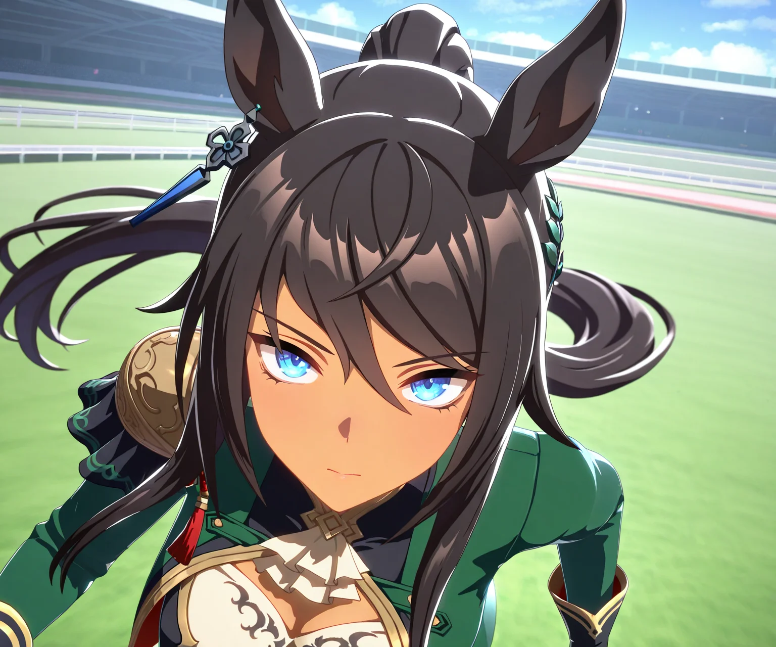 masterpiece, best quality, amazing quality, , 1girl, solo,umamusume, racetrack, running, <lora:Symboli Kris S in game style 3D ILL-v2:1> ummsmingame, 3d, symboli kris s \(umamusume\)