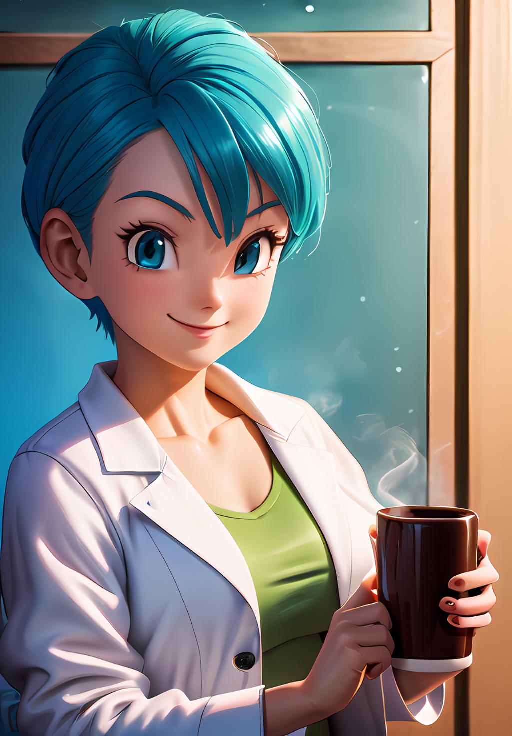 (Photo:1.3), highdetail, <lora:Bulma:0.8>, Bulma, 1girl, solo, labcoat, coffee mug, portrait, smile, (acclaimed, alluring, captivating, exciting, gorgeous, striking:1.3), (trending on artstation:1.3)