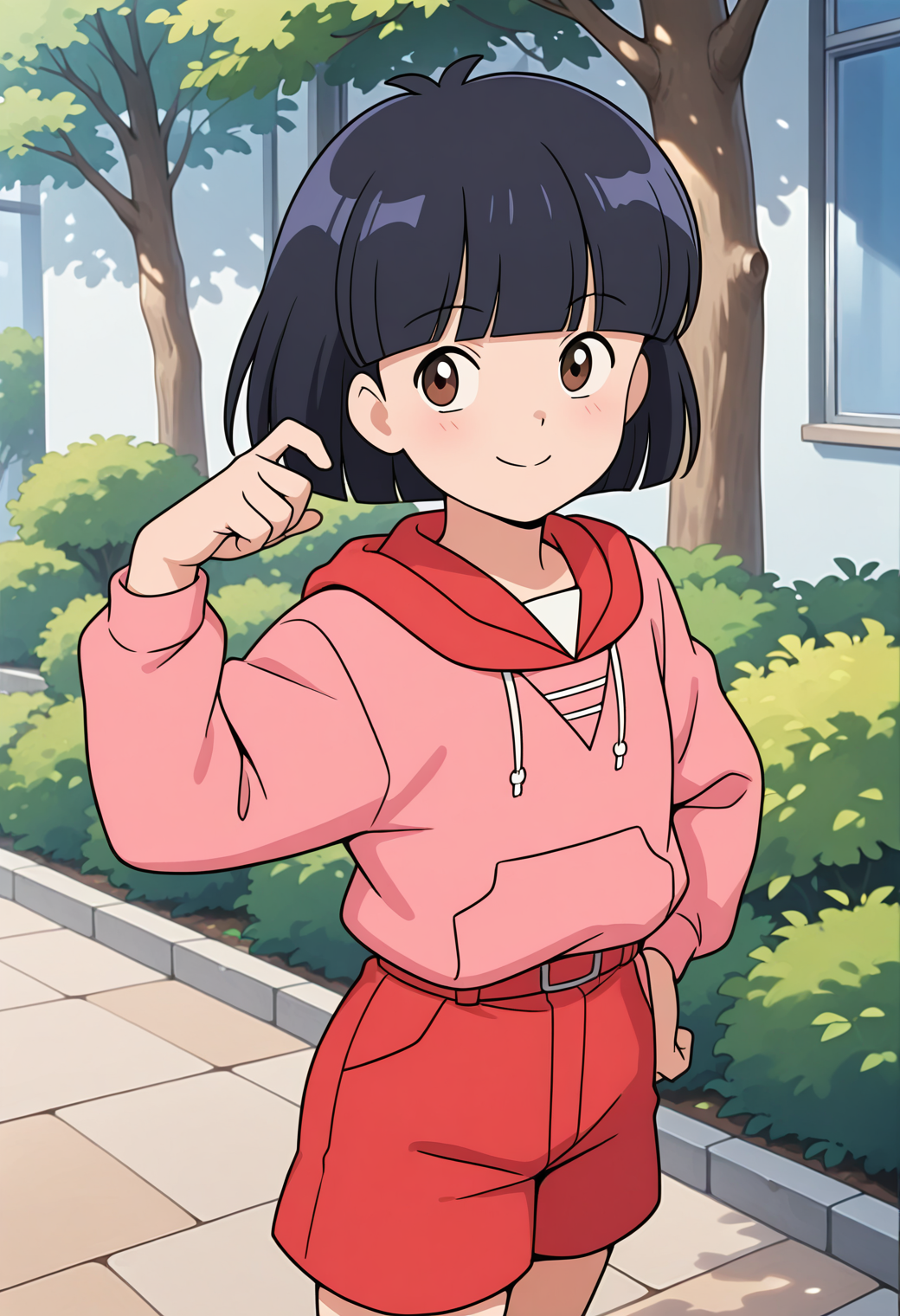 masterpiece, best quality, very aesthetic, absurdres, 1girl, solo, official style,
<lora:shikatani_uiba_v01:0.9>, shikatani_uiba, black hair, short hair, bob cut, blunt bangs, brown eyes,
red hood, pink hoodie, long sleeves, red shorts, smile, posing