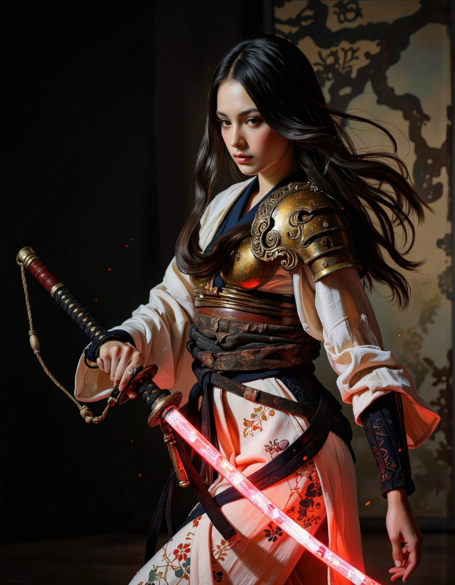 A cinematic photograph of a sensual samurai girl wearing a kimono with shoulder armor, she's holding a katana glowing with red energy, her long hair is flowing in the wind. Intricate dark background, realist side lighting, realist soft lighting. <lora:Hocus_Pocus:0.9>