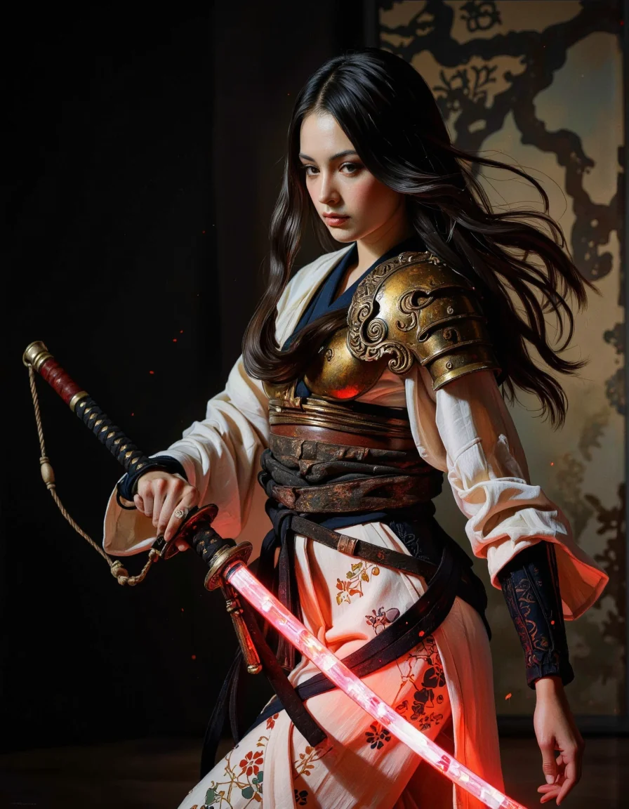 A cinematic photograph of a sensual samurai girl wearing a kimono with shoulder armor, she's holding a katana glowing with red energy, her long hair is flowing in the wind. Intricate dark background, realist side lighting, realist soft lighting. <lora:Hocus_Pocus:0.9>