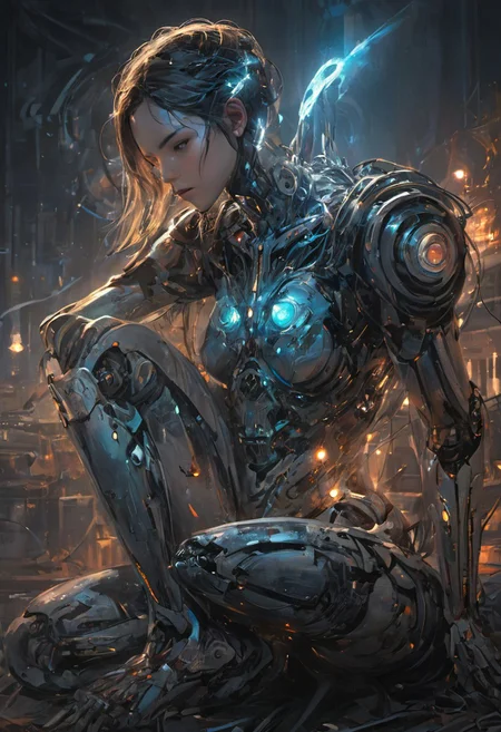 ((masterpiece, best quality, extremely detailed, absurdres)),(fantasic illustration, dynamic lighting), a beautiful goth girl sits with her guardian robot. she summons her magic as streaks of glowing light orbit her, (full body), 1girl, artistic use of contrasting colours and brightness, beautiful face, (interesting camera angle:1.2), <lora:flat2:-1.8>, 8k, very fine detail, cinematic composition and lighting