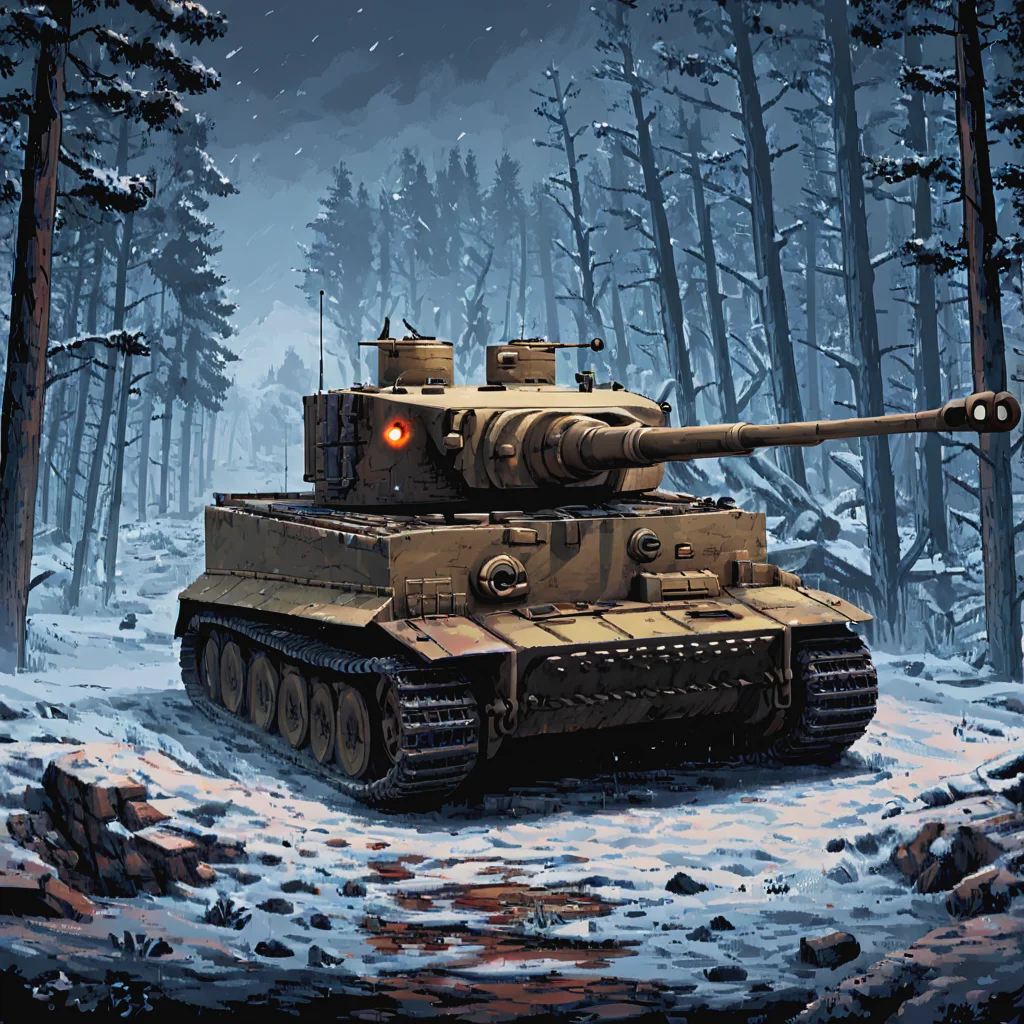 Under the cover of night, a tgrtnk tank participates in a counterattack during the Battle of the Bulge, its silhouette barely visible against the dense Ardennes forest. Snow flurries swirl around, with the glow of gunfire illuminating the scene, emphasizing the surprise German offensive in the winter of 1944 ((pulp_comic, heavy_lines, hand_drawn, hand_inked, hand_colored, perfect_face, apxlz))