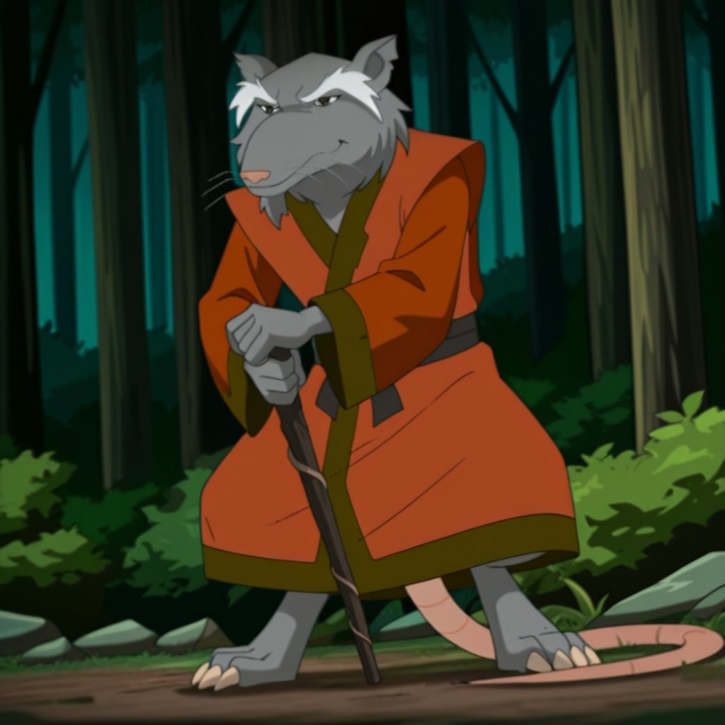 masterpiece, best quality, amazing quality, FFSplinter03IL, semi-anthro, male, rat_boy, grey fur, whiskers, brown eyes, rat tail, red-orange kimono,  in a forest, solo, full body, standing,  holding stick cane, fighting stance