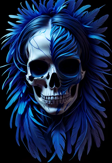 shine, the skull is distorted by the twists and turns of a woman with dark hair, in the style of neon impressionism, dark blue and light black, photoillustration, made of feathers, expressive light and shadow, expressionist emotiveness, Living inside the host organism, Trachea
