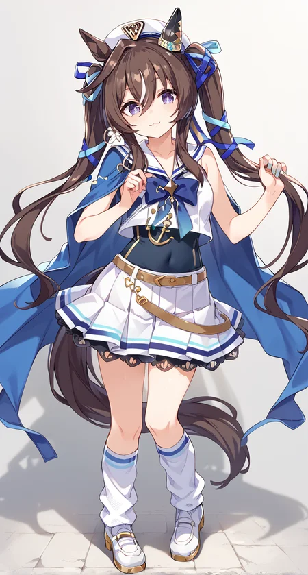 score_9,score_8_up,score_7_up,
official art,official style,game cg,megami magazine,
uncensored,
1girl,
vivlos (umamusume),viv race,
anchor necklace,animal ears,belt,beret,covered navel,
earrings,fingernails,hair between eyes,hair ornament,hat,highres,
horse ears,horse girl,horse tail,jewelry,mole,mole under eye,
necklace,tail,twintails,brown belt,brown hair,long hair,
pleated skirt,purple eyes,sailor collar,sailor shirt,shirt,skirt,sleeveless,sleeveless shirt,white shirt,white skirt,
violet eyes,blue cape,cape,ribbon,ear covers,multicolored hair,
single ear cover,streaked hair,blue ribbon,hair ribbon,loose socks,socks,
standing,full body,
<lora:umamusume_vivlos_pony_v1:1>,