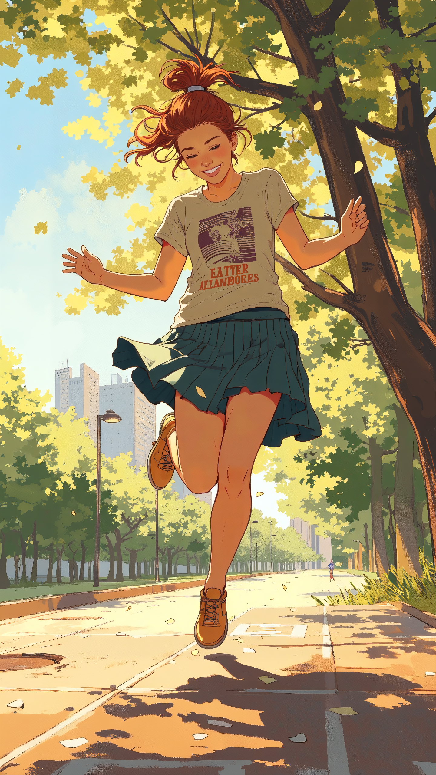 Be_luminous,High-resolution anime-style illustration with oil painting influences of a cheerful young woman playing hopscotch in a sunlit park. Her auburn hair is styled into a messy high ponytail, bouncing with her movement as she jumps with one leg with a bright, carefree smile. She wears a casual short-sleeved printed t-shirt and a pleated skirt, her arms outstretched for balance. The chalk-drawn grid on the pavement is slightly smudged, and a few petals from a nearby tree drift through the air. Warm golden light filters through the leaves, blending into soft, impressionistic brushstrokes, enhancing the playful and nostalgic atmosphere <lora:Comic_Style_-_FLUX:0.6> <lora:oilpaintzver5:0.4> <lora:Be_luminous_flux_lora:0.4>