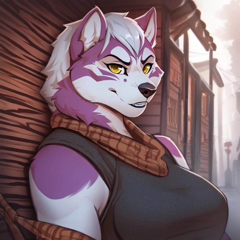 <lora:Scappo_Style_v2_PonyXL:0.95> by scappo, scappo, score_9, score_8_up, score_7_up, score_6_up, score_5_up, score_4_up, source_furry, rating_safe, siberian husky, silver hair, yellow eyes, purple body, clothed, clothing, detailed background, in a small town square, leaning, female, breasts, rating_safe, digital media (artwork), hi res, digital drawing (artwork)