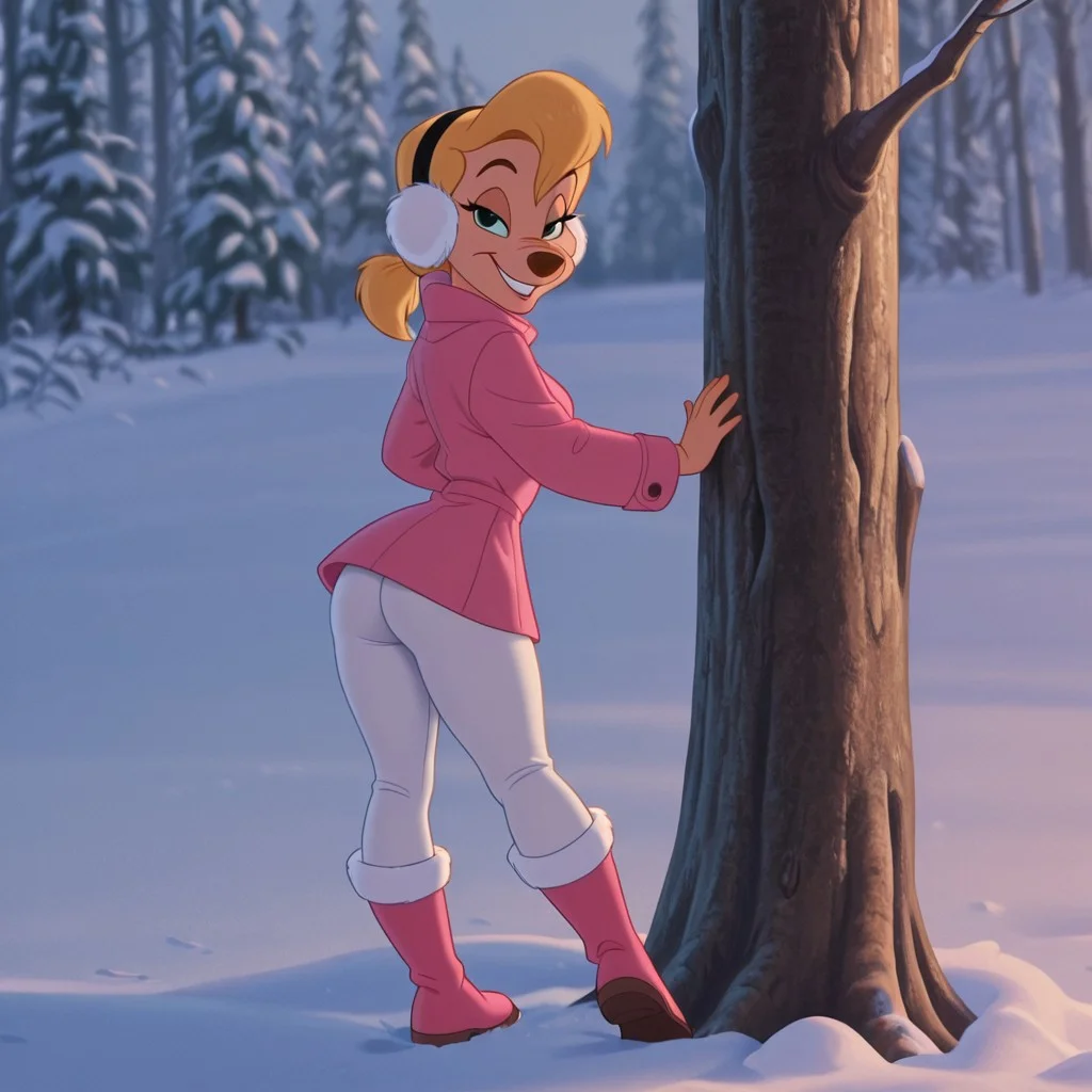 DisneyRenstyle, DISNEY_ANIMATION,
masterpiece, best quality, luminous lighting, cinematic ambiance, soft light, BREAK, 1girl, A Goofy Movie style, Goof Troop, toony, outdoors, winter, snow, sunny, anthro, furry female, blonde hair, short ponytail, bangs, low ponytail, small circle nose, slender waist, wide hips, short torso, medium breasts, short legs, curvy legs, thick calves, petite butt, hourglass figure, green eyes, wearing pink winter coat, snow boots, white snowpants, athletic butt, BREAK, standing, girl leaning against a tree, sassy smile, flirty, sexy pose, looking back at viewer, ((earmuffs)),
