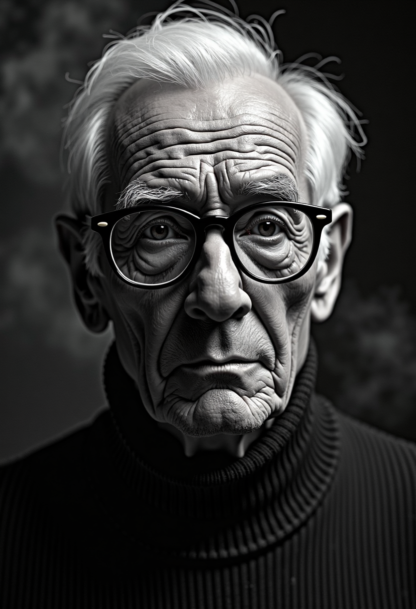 A highly detailed, black-and-white, silhouette, closeup, professional photo portrait of a old man with wrinkles and white hair. He has tanned skin and sad eyes framed by big glasses. His hair is short and white. He wears an elegant sweater. The background is pitch black, with smoke behind the woman, creating a dramatic contrast with hia tanned skin and white hair, drawing the viewerâs focus entirely onto her. The lighting, hitting only one side of his face, is hard in chiaroscuro style, giving depth to her features and an air of mystery. The overall style blends gothic and fantasy influences, with a strong emphasis on realism and a refined sense of elegance and enigma.