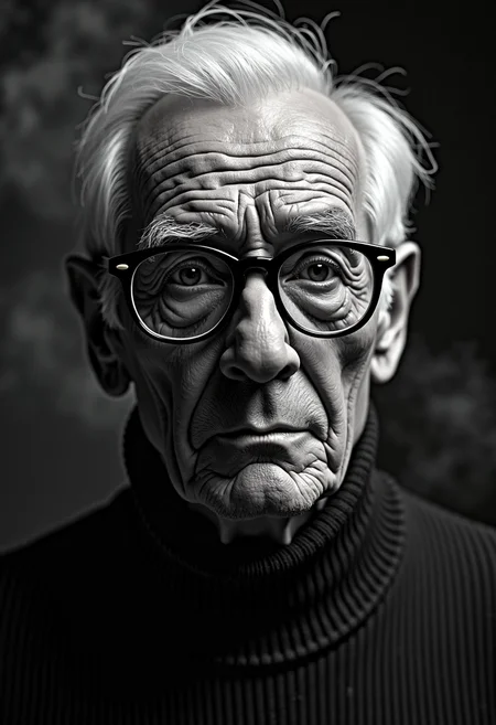 A highly detailed, black-and-white, silhouette, closeup, professional photo portrait of a old man with wrinkles and white hair. He has tanned skin and sad eyes framed by big glasses. His hair is short and white. He wears an elegant sweater. The background is pitch black, with smoke behind the woman, creating a dramatic contrast with hia tanned skin and white hair, drawing the viewerâs focus entirely onto her. The lighting, hitting only one side of his face, is hard in chiaroscuro style, giving depth to her features and an air of mystery. The overall style blends gothic and fantasy influences, with a strong emphasis on realism and a refined sense of elegance and enigma.