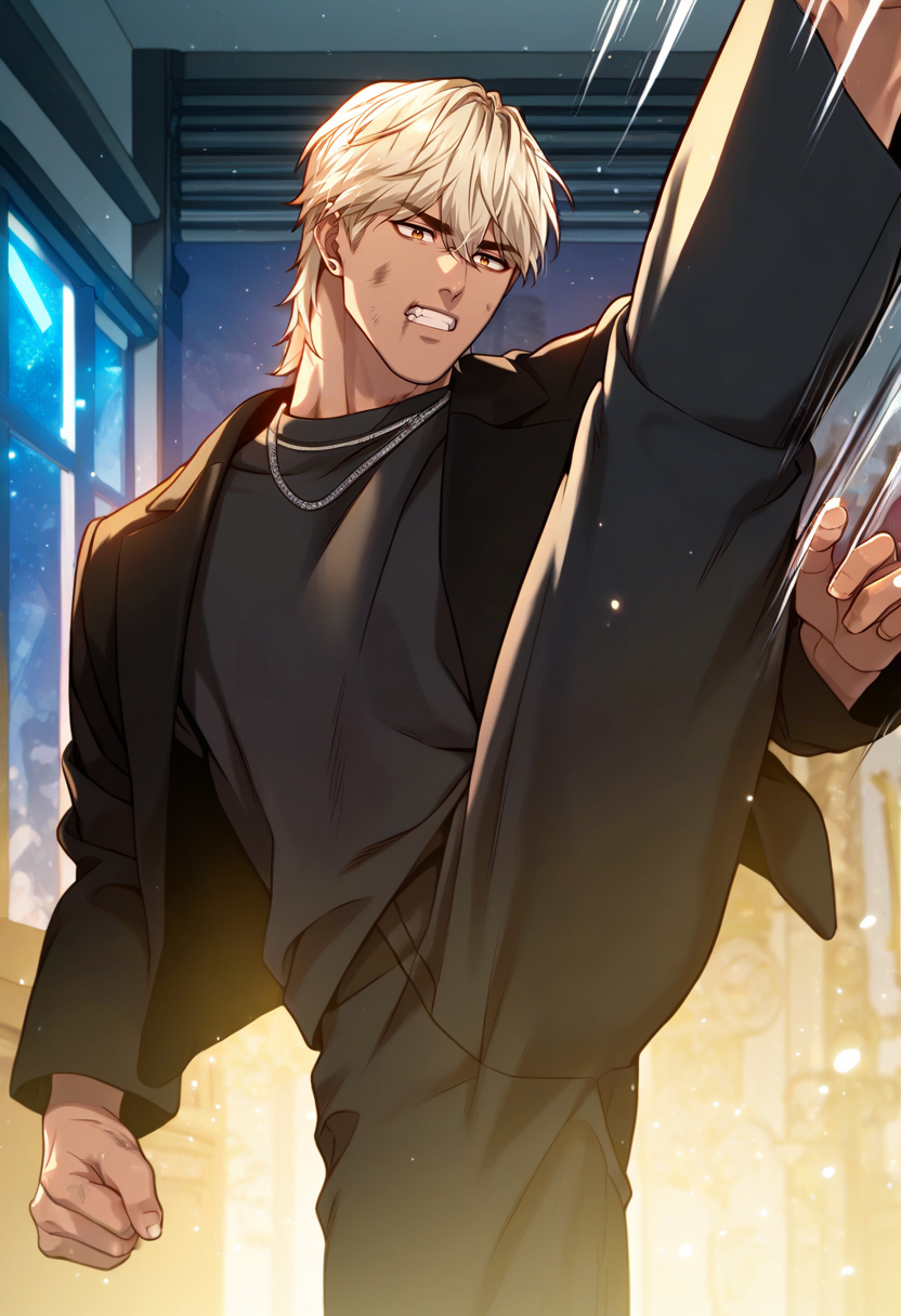 1boy, male focus, solo,
<lora:Character - Questism - JaehaHanPony-40:1> jaehahan, blonde hair, brown eyes, necklace, stud earrings, dark-skinned male, 
,((zPDXL)), score_9_up, score_8_up, score_7_up, score_6_up, score_5_up, score_4_up, best quality, amazing quality, best aesthetic, amazing aesthetic, absurdres, year2023, uncensored, very nsfw, official art, official style, depth of field, detailed eye,
night, indoors, black shirt, jacket, ruins,  pants,  angry, (kicking:1.4), motion lines, dark aura, serious, dirty face, dirty clothes, dirty, clenched teeth, 
<lora:Style - Expressive_H-000001:1> expressiveh