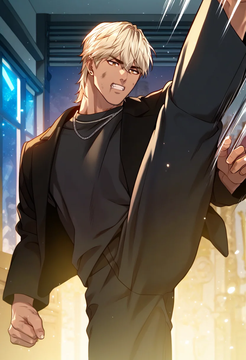 1boy, male focus, solo,
<lora:Character - Questism - JaehaHanPony-40:1> jaehahan, blonde hair, brown eyes, necklace, stud earrings, dark-skinned male,
,((zPDXL)), score_9_up, score_8_up, score_7_up, score_6_up, score_5_up, score_4_up, best quality, amazing quality, best aesthetic, amazing aesthetic, absurdres, year2023, uncensored, very nsfw, official art, official style, depth of field, detailed eye,
night, indoors, black shirt, jacket, ruins, pants, angry, (kicking:1.4), motion lines, dark aura, serious, dirty face, dirty clothes, dirty, clenched teeth,
<lora:Style - Expressive_H-000001:1> expressiveh