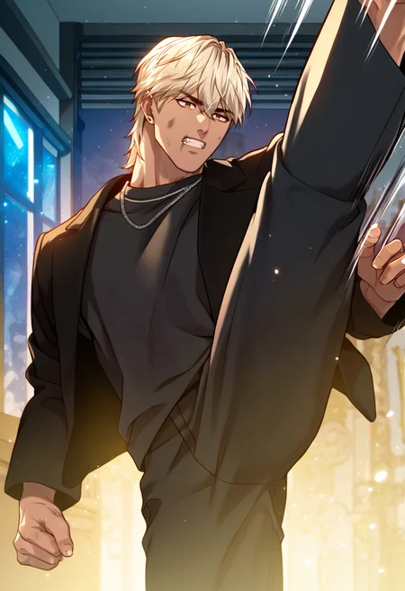 1boy, male focus, solo,
<lora:Character - Questism - JaehaHanPony-40:1> jaehahan, blonde hair, brown eyes, necklace, stud earrings, dark-skinned male,
,((zPDXL)), score_9_up, score_8_up, score_7_up, score_6_up, score_5_up, score_4_up, best quality, amazing quality, best aesthetic, amazing aesthetic, absurdres, year2023, uncensored, very nsfw, official art, official style, depth of field, detailed eye,
night, indoors, black shirt, jacket, ruins, pants, angry, (kicking:1.4), motion lines, dark aura, serious, dirty face, dirty clothes, dirty, clenched teeth,
<lora:Style - Expressive_H-000001:1> expressiveh
