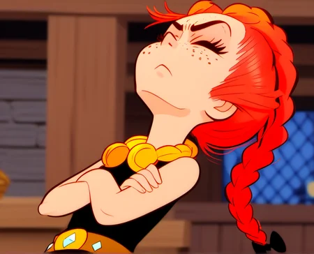solo, 1girl, adren2, braid, freckles, frown, long hair, red hair, single braid, sleeveless, neck jewellery, closed eyes, crossed arms, belt, hair bow, head up, blurry background, village, <lora:adren2-000010:1>,