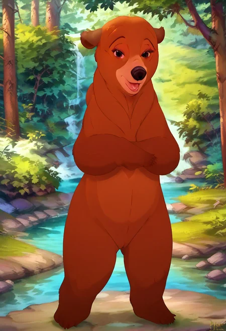 source_furry, score_9, score_8_up, solo, bear, 1girl, Disney, detailed forest background, bipedal, bush obscure lower body of bear
