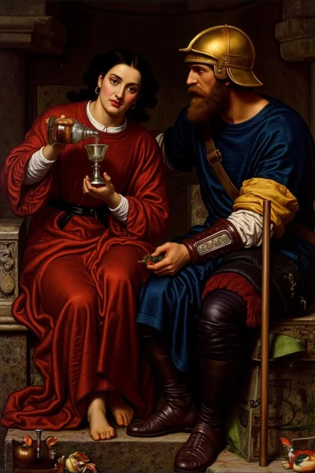 williamhhunt1 painting.
jwwaterhouse1.
On the left is a young woman with dark hair, wearing a red robe, sitting on a stone throne. She is pouring into a goblet from a small bottle with a focused expression on her face. On the right sits a man, shown in side profile. He is dressed in a blue tunic and wearing golden helmet, watching the woman intently. He his holding a spear with both hands. <lora:williamhhunt1_cap_d6a3e9:1.0><lora:838087255198497760:0>