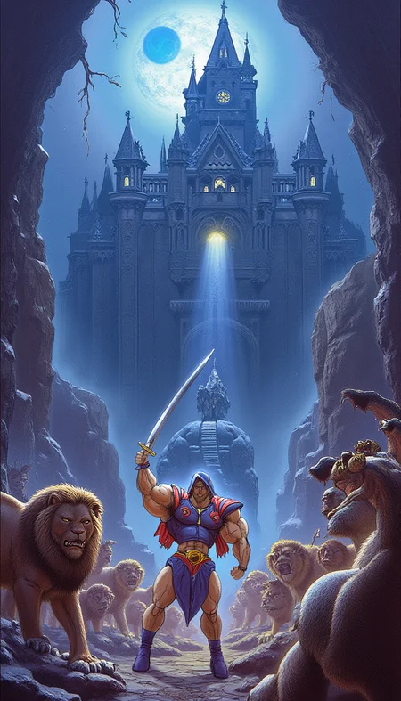 castle grey skull, a scene of aftermath of a great battle, the sorceress , the great lions, the horde  shocking blue eye
((PG Rating)) - adam, prince of eternia and defender of the secrets of Castle Greyskull hold aloft his magic sword and says  "... By the power of Greyskull!"
beautiful, intense vivid color, detailed, cinematic shot. HSMuscleboy
<lora:HSMuscleboy.v2.style.Flux1D_epoch_10:0.9>