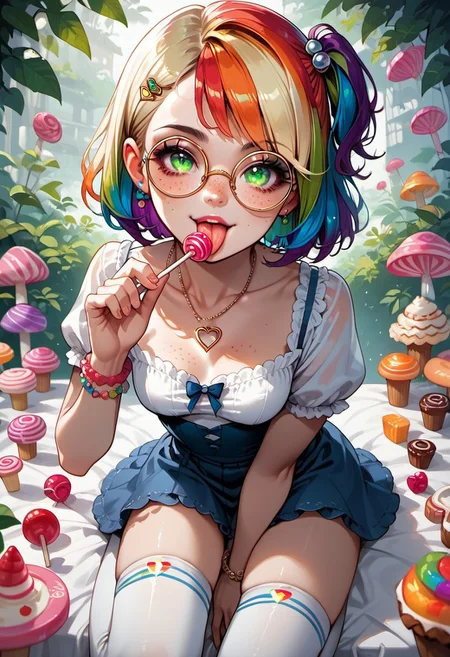 score_9, score_8_up, score_7_up, source_anime, short hair, 1girl, food, candy, jewelry, lollipop, one side up, bracelet, thighhighs, striped, looking at viewer, necklace, tongue, Mycelia, (rainbow colored hair:1.3), candy hairclip, round glasses, green eyes, freckles, petite