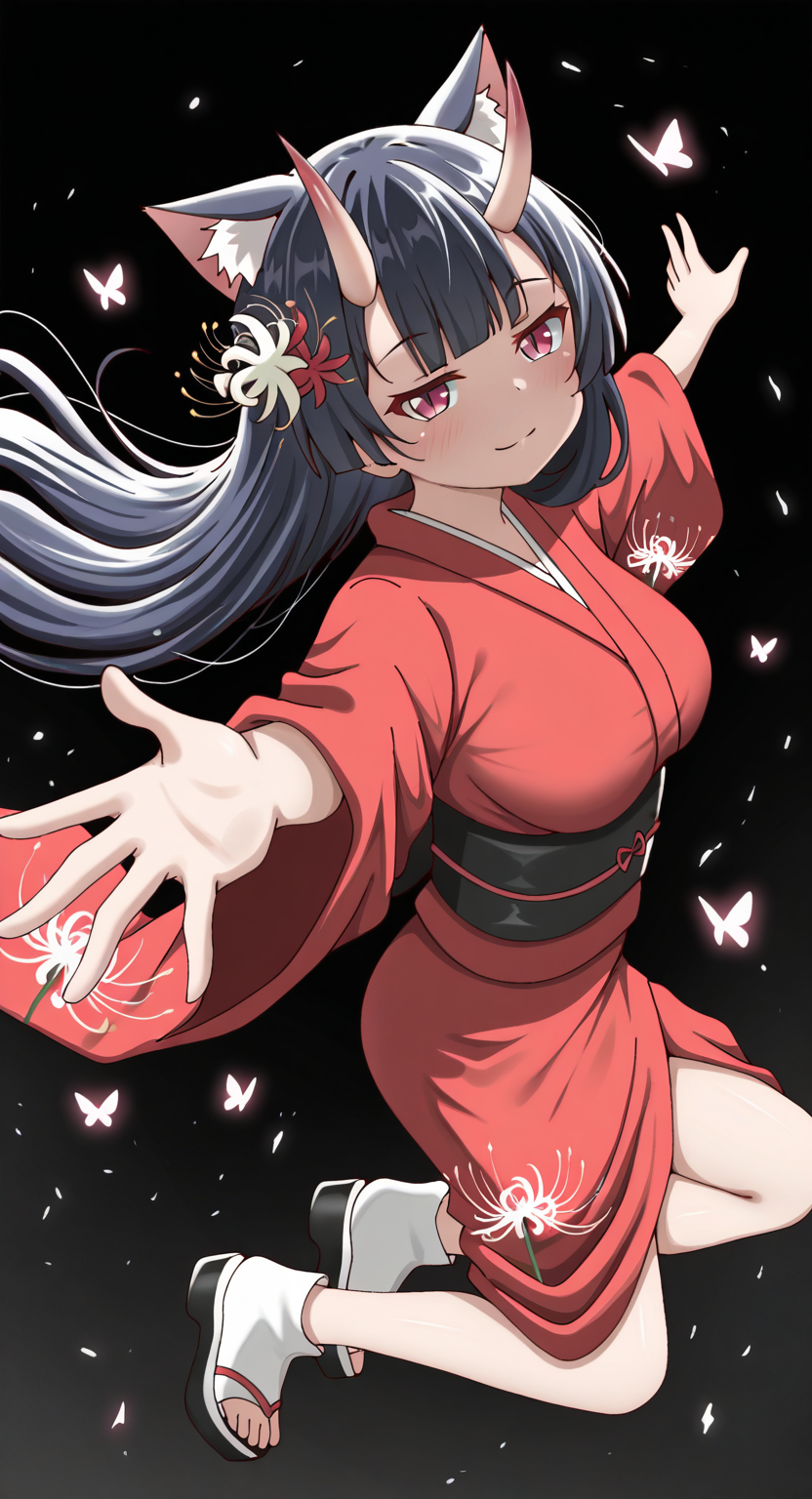 masterpiece, cute, lovely, newest, absurdres, (best quality:1.3), amazing quality, very aesthetic, 1girl, solo, high_resolution, hq, 4k, BREAK. high gradient eyes, very cute, light particles, cute details, cute colors, (Poa_Mellhen_Style), oni, oni horns, dark blue hair, straight hair, blunt bangs, pink eyes, slit pupils, (big breasts:0.6), naughty face, smug, BREAK, animal ears, portrait, cat ears, expressionless, floating hair, hair flower, japanese clothes, kimono, Butterfly, shoes, toeless footwear, yukata, looking at viewer, looking to the side, outstretched arms, outstretched hand, reaching, spread arms, flower, spider lily, solo, glitch, black background, from side, foreshortening, full body, closed mouth, digital dissolve, pixelated, one eye covered, reaching towards viewer, red flower, red kimono, white flower, white footwear, intricate details, vivid colors, smooth shading, dynamic lighting, professional illustration, soft gradients, balanced composition, elegant pose, high-resolution, sharp focus, 8k, hdr, crisp lines, perfect lighting, sharp eyes, detailed eyes, highly detailed