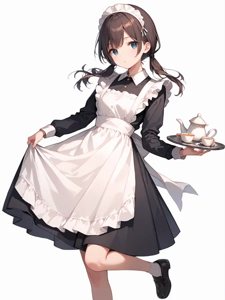 score_9, score_8_up, score_7_up,source_anime, high res image,masterpiece,best quality,girl,cute face,clear skin,shiny hair,ultra detailed eyes,(simple background:1.4),  <lora:classic maid_pony_V1.0:1> maid, maid apron, maid headdress,long sleeves,tea,cup,tray,skirt lift <lora:osage_pony_V1.0:0.6> osage, low twintails,shoes,Courtesy