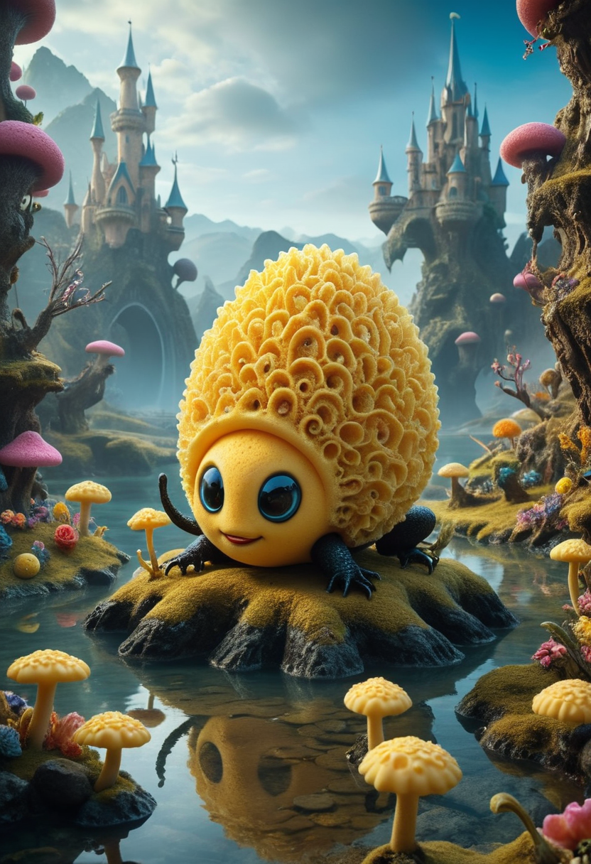 best quality, reality-shot, realism, realistic photography of a fantastical Sponge with whimsical elements, magical fairytale landscape, elaborate fantasy style art, black and gold theme, intricate details, ultra sharp, exquisite detail, flawless composition, vivid colors, masterpiece, exciting background <lora:alien-species:1> alien species