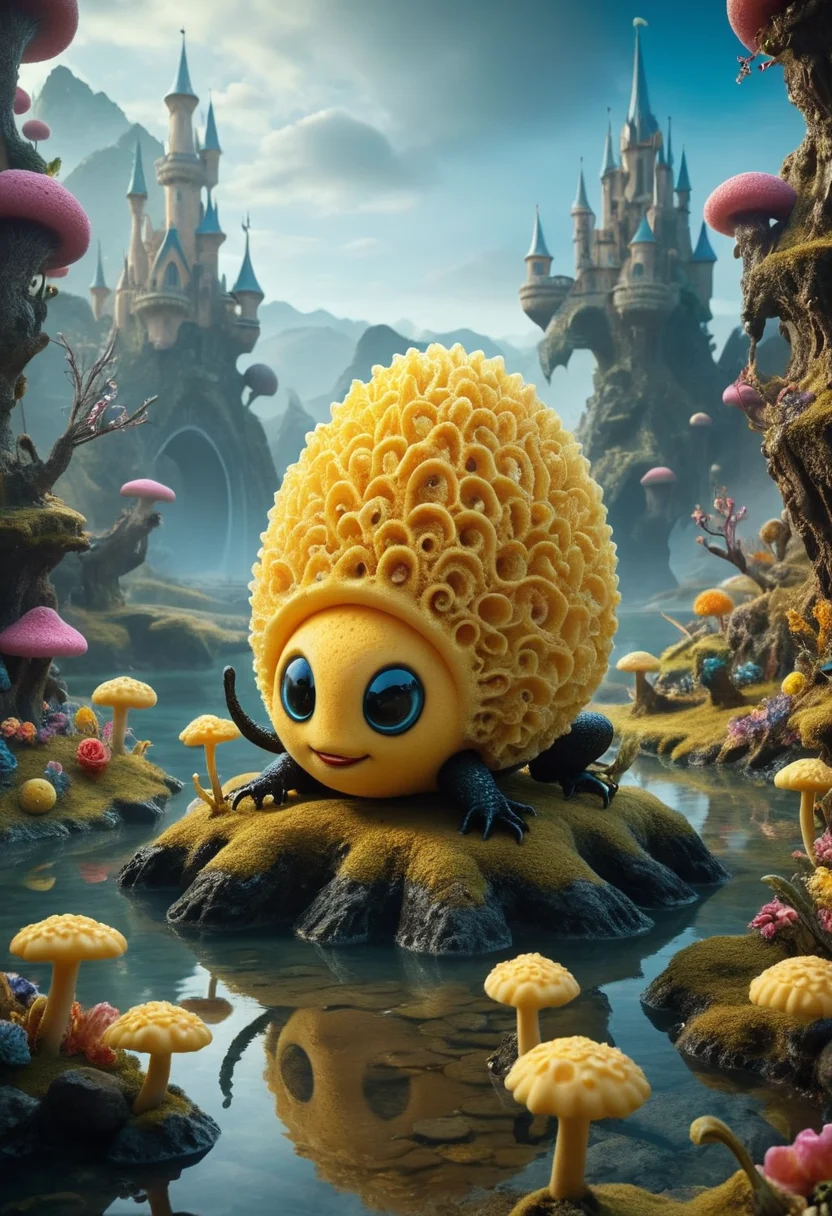 best quality, reality-shot, realism, realistic photography of a fantastical Sponge with whimsical elements, magical fairytale landscape, elaborate fantasy style art, black and gold theme, intricate details, ultra sharp, exquisite detail, flawless composition, vivid colors, masterpiece, exciting background <lora:alien-species:1> alien species