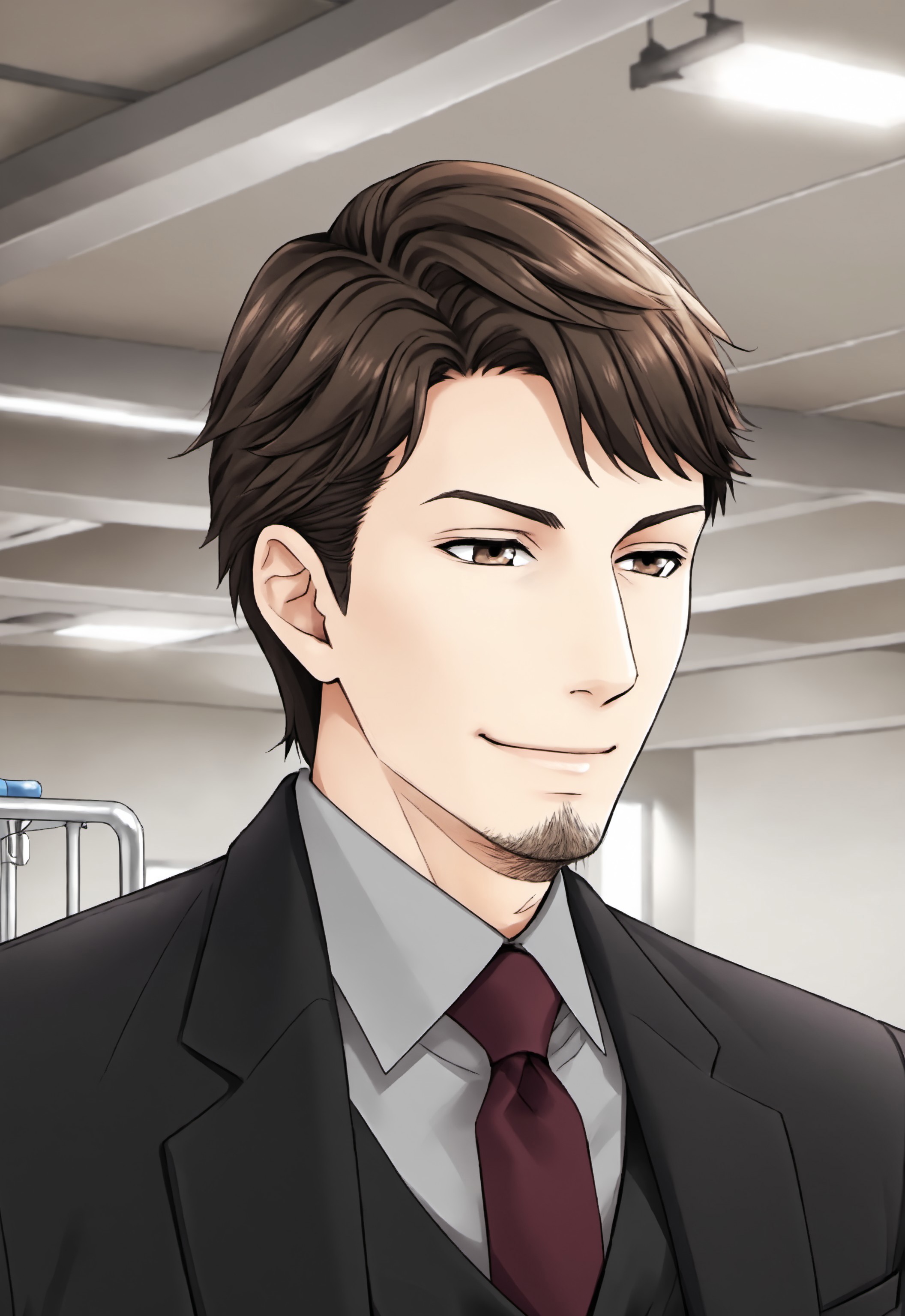 safe_pos, safe_pos, safe_pos, score_9, score_8_up, rating_nsfw, ultra hd, absurdres, best quality, best aesthetic, masculine, solo, 1boy, male focus, perfect proportions, erotic, mature male,

RMDMatsunaga, brown hair, facial hair, brown eyes, necktie, suit, anime screencap, hospital background, half body, smiling, Expressiveh