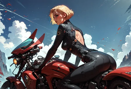 score_9, score_8_up, score_7_up, back/side view, woman in a black latex suit, riding a red motorcycle, Star Trek setting, retrofuturism, black belt, looking back at viewer, blonde hair, short hair, sunglasses <lora:pony/twilight_style:0.8> concept art, <lora:pony/expressiveh:0.8> expressiveh, <lora:pony/kenva:0.7> <lora:sdxl/sinfully_stylish_sdxl>