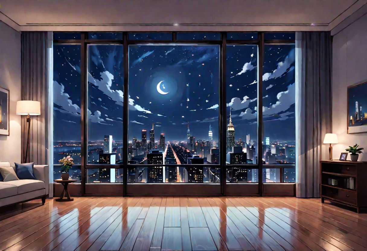 ((((front view)))), Shallow scene, ((animation style)), (((City high-rise building scenery))), ((((City scenery outside the window)))), ((sense of mystery)), (night), starry sky, moonlight, (weak light), (Facing the window), (open window), modern-style interior, Wooden floor, with white walls, (large windows), ((sofa and coffee table by the window sill)), a living room, (((Sofa placed horizontally))), (Behind the sofa is the window sill),