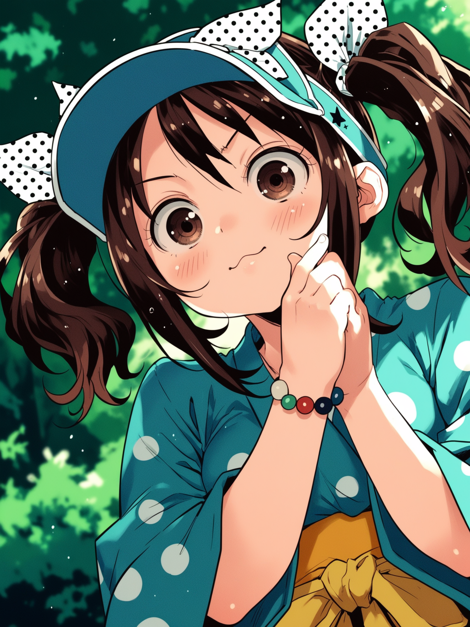 <lora:happy_tentacle-haruka-v0.1-000032:0.9>, ht_haruka, brown eyes, brown hair, hair ribbon, polka dot ribbon, visor cap, polka dot bow, bracelet kimono, outdoors , 1girl, solo, upper body , evil eyes , ( :1.2), , looking down , standing , from below , score_9, score_8_up, score_7_up, score_6_up, score_5_up, score_4_up