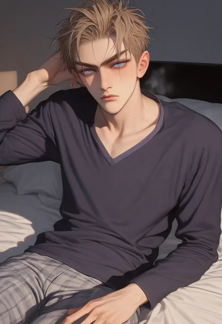 1boy, solo, male focus, slim toned male, xixi_(19_days), zhan_zheng_xi, brown blonde hair, short hair, pale skin, blue grey eyes, slim face, detailed eyes, satisfaction, satisfied, neutral, detailed face, slim face,
dark theme, intense shadow, intimidating, chest close to viewer, dark light, no light, dark out, shadow,
pajamas, socks, long pants, sweaty hair, long sleeves, looking at viewer, in bed, aesthetic, night
sweating, sweat, steaming, heavy breathing, front view, seductive, romantic, sleeping, clothes pull, relax
rating PG, score_9,score_8_up,score_7_up, source_anime, male focus, manly, tall, detailed eyebrow, sharp eyebrows, focus on thigh, thigh focus, random view