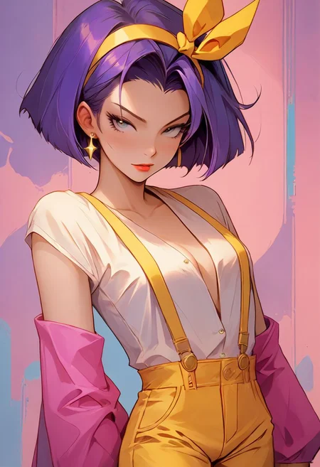 score_9, score_8_up, score_8, source_anime, rating_questionable, Faye Valentine, classic pinup model, yellow shorts, suspenders, shirtless, pink thigh high stockings, purple hair, yellow hairband, AnyankoP, seductive