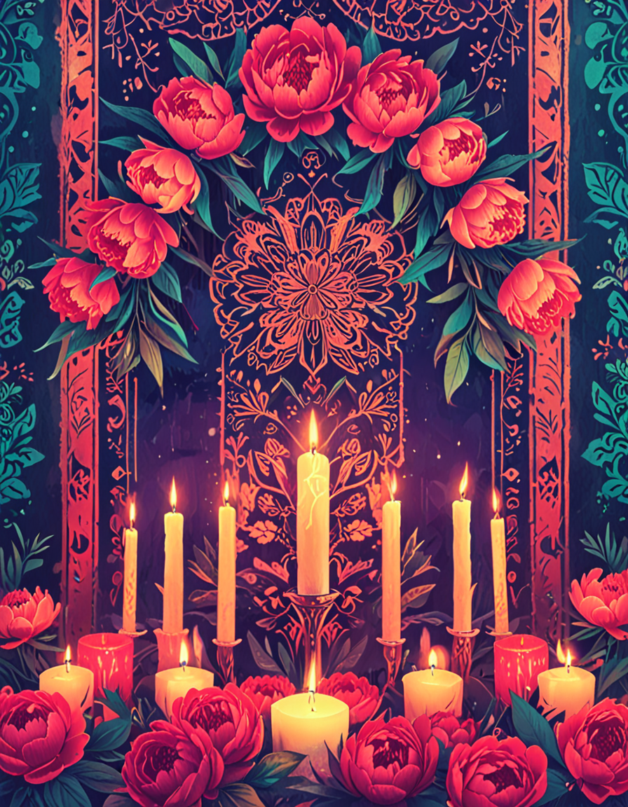 beautifully decorated altar, with peonies and colorful papel picado, lit candles  novuschroma15 style <lora:novuschroma15 style:0.95>  <lora:sdxl_lightning_8step_lora:1>