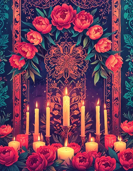 beautifully decorated altar, with peonies and colorful papel picado, lit candles novuschroma15 style <lora:novuschroma15 style:0.95> <lora:sdxl_lightning_8step_lora:1>